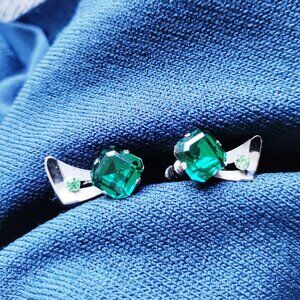 Stunning Van Dell Sterling & Emerald Cut Green Glass Rhinestone Earrings 1950s